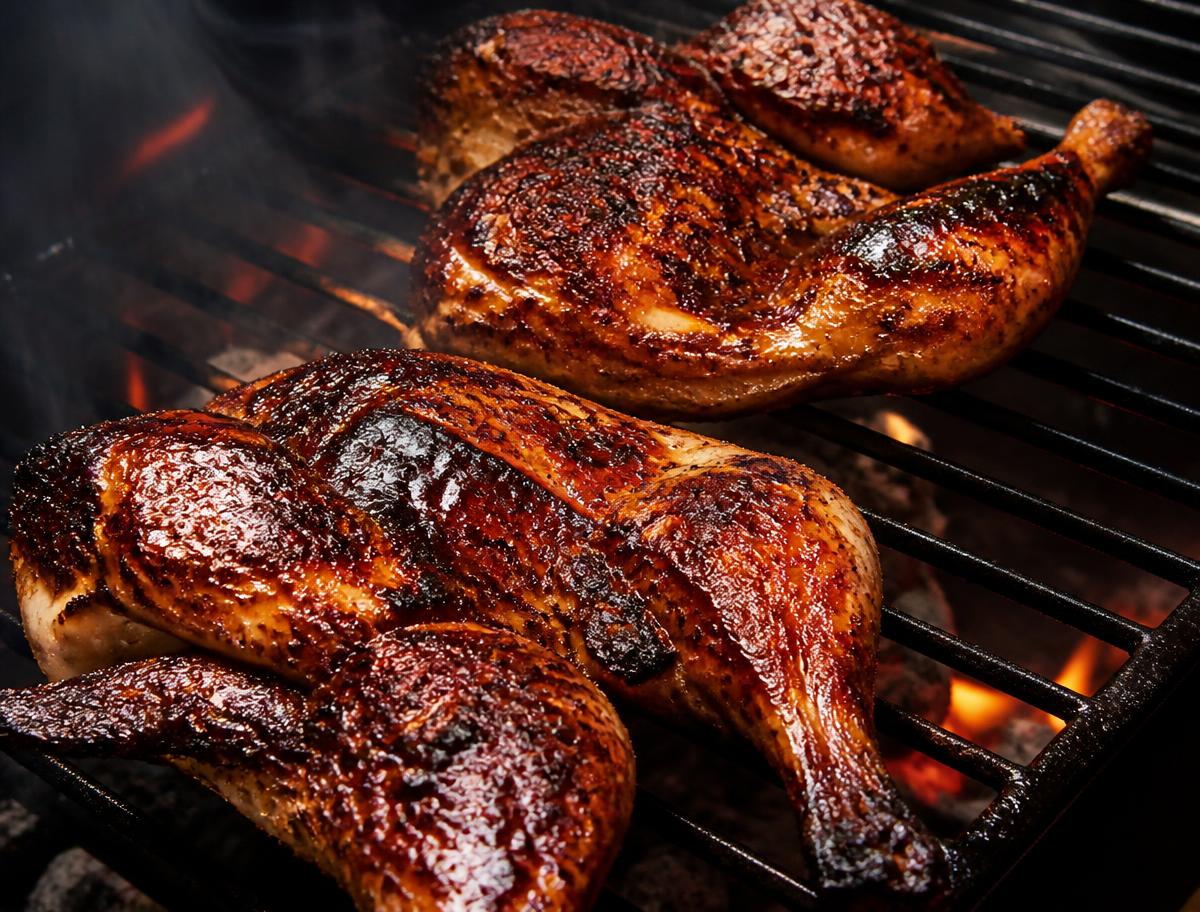 Chicken pieces cooking over an oak fire grill