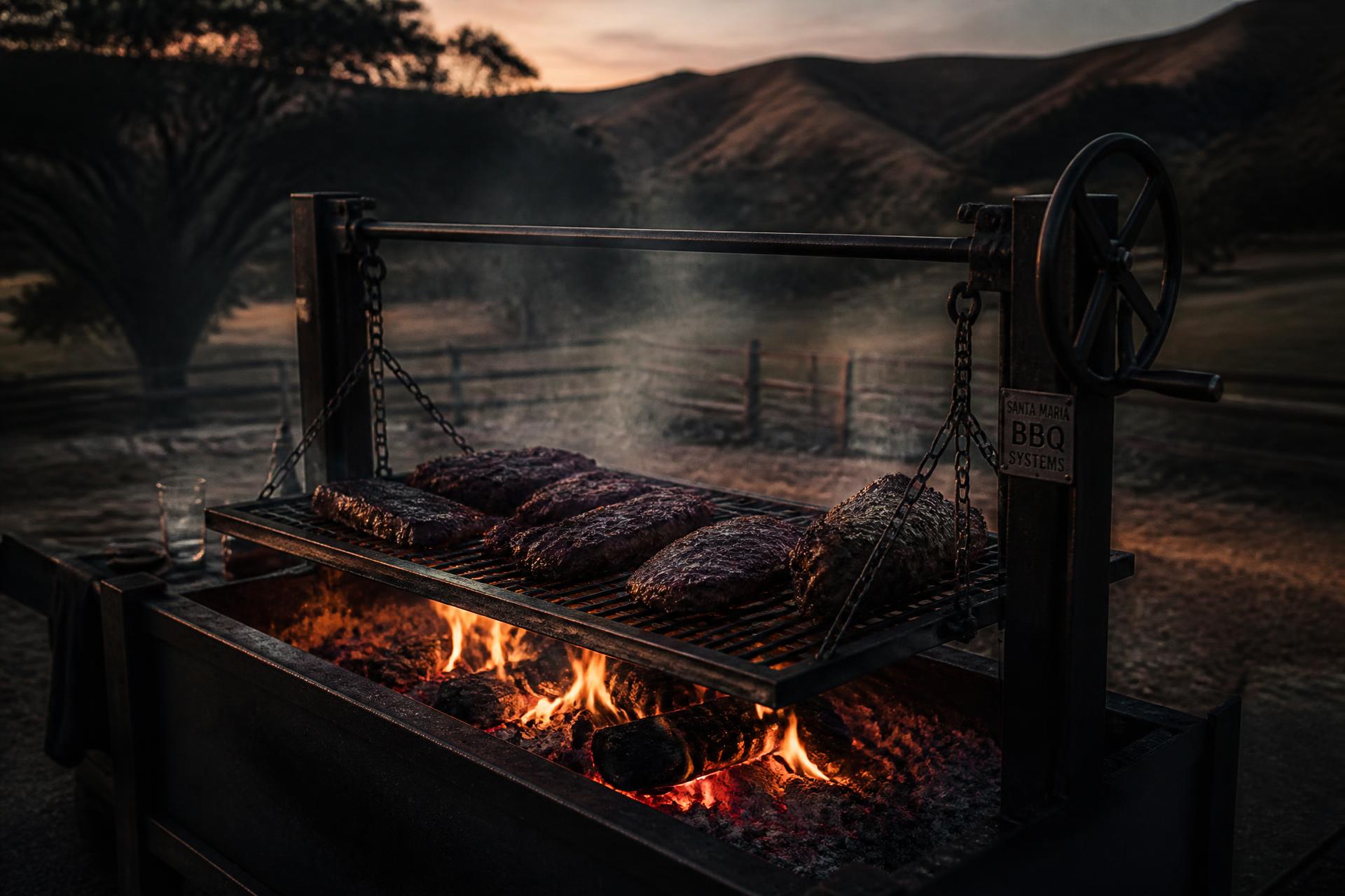 Tri-tip grilling over an open oak fire on a Santa Maria style grill at dusk