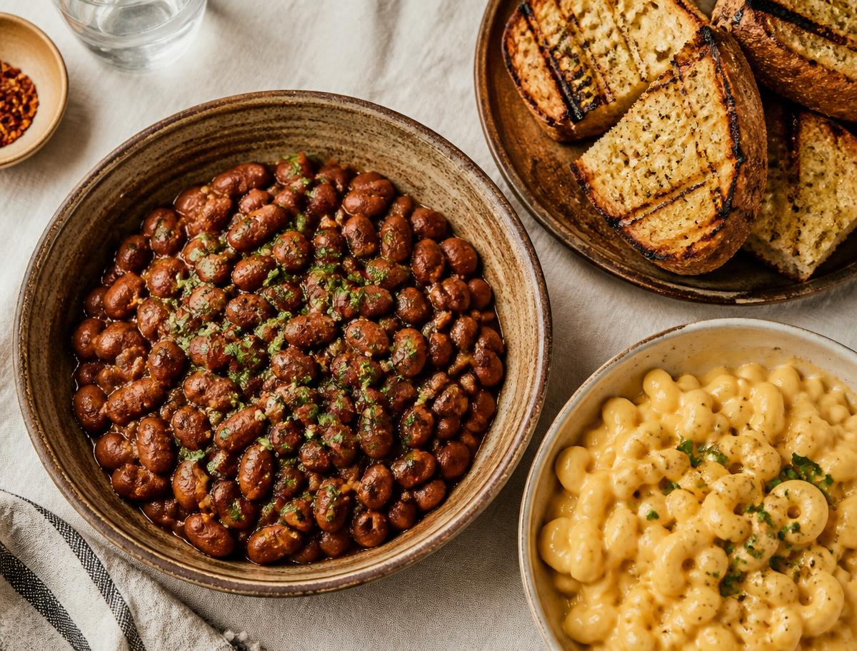 Pinquito beans, garlic bread, and salad served in bowls